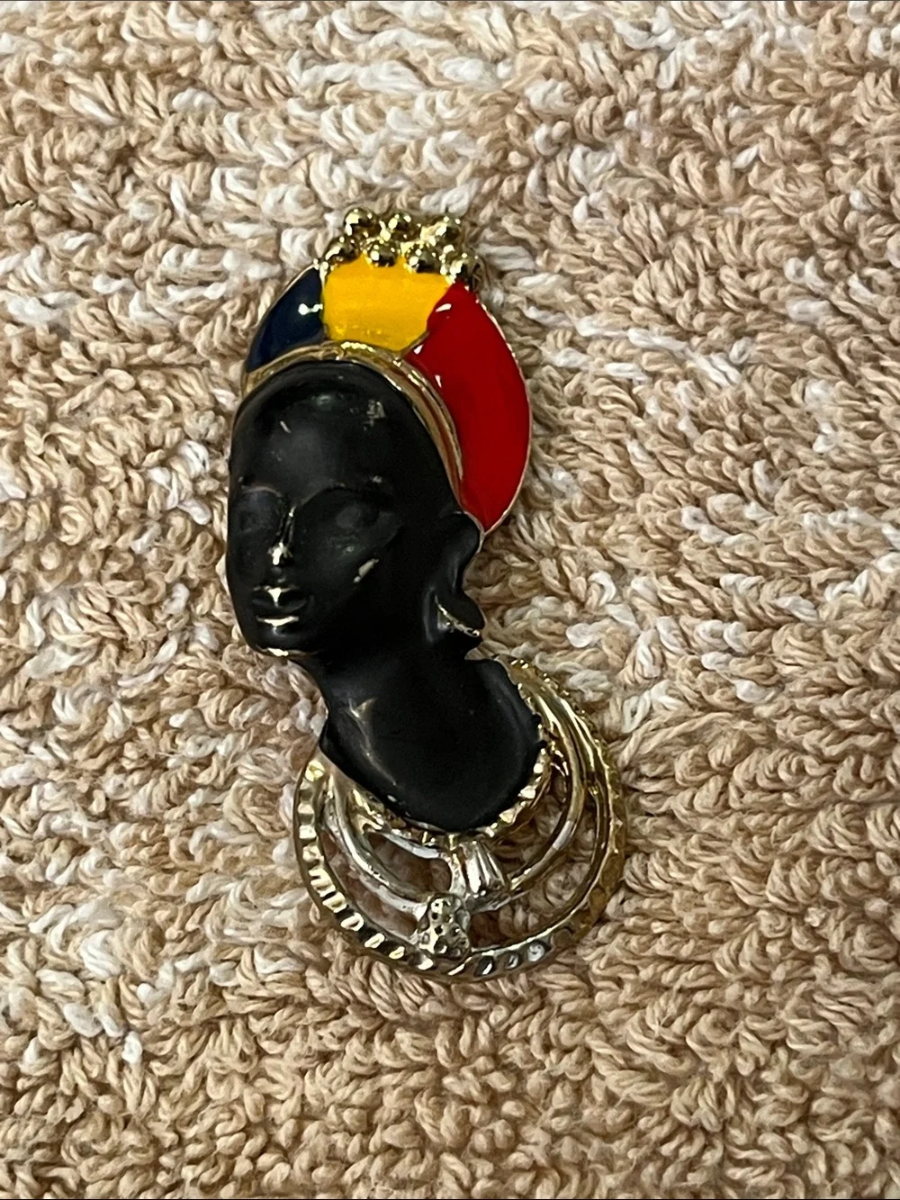 Afrocentric Statement Brooch in Black with Red, Yellow & Blue Headwrap